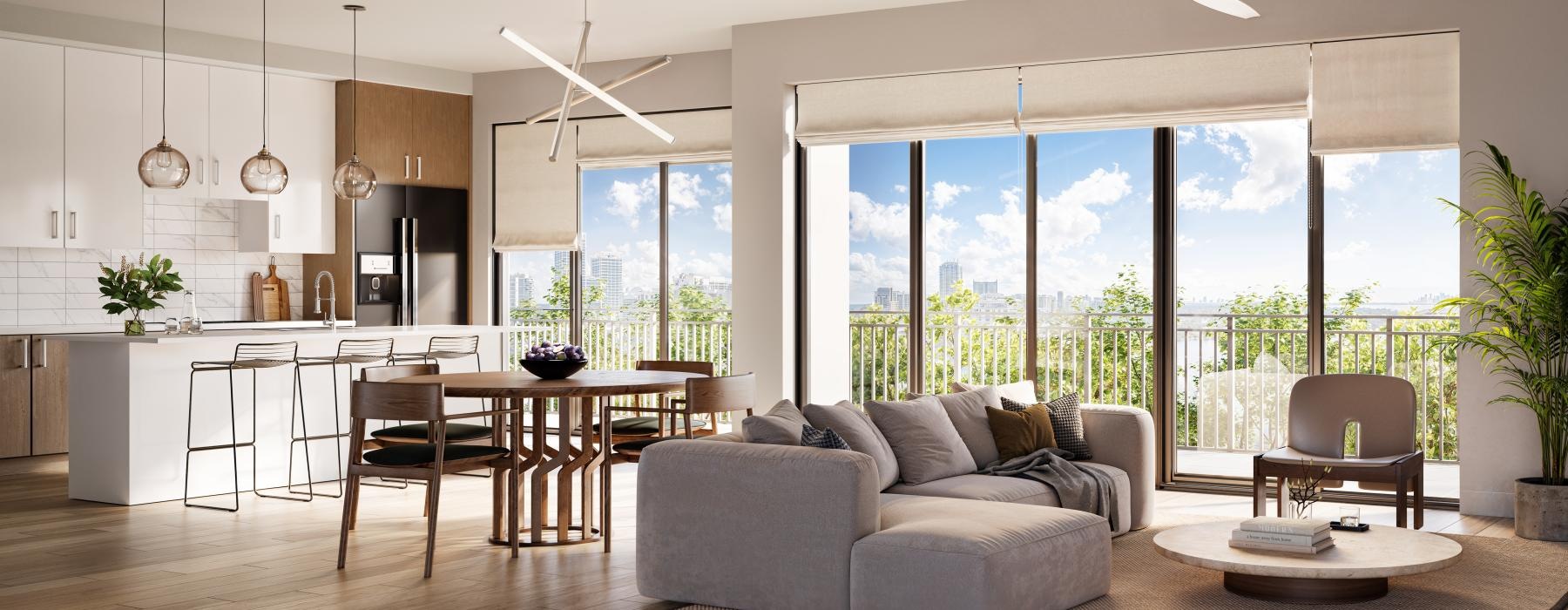 a living room with large windows