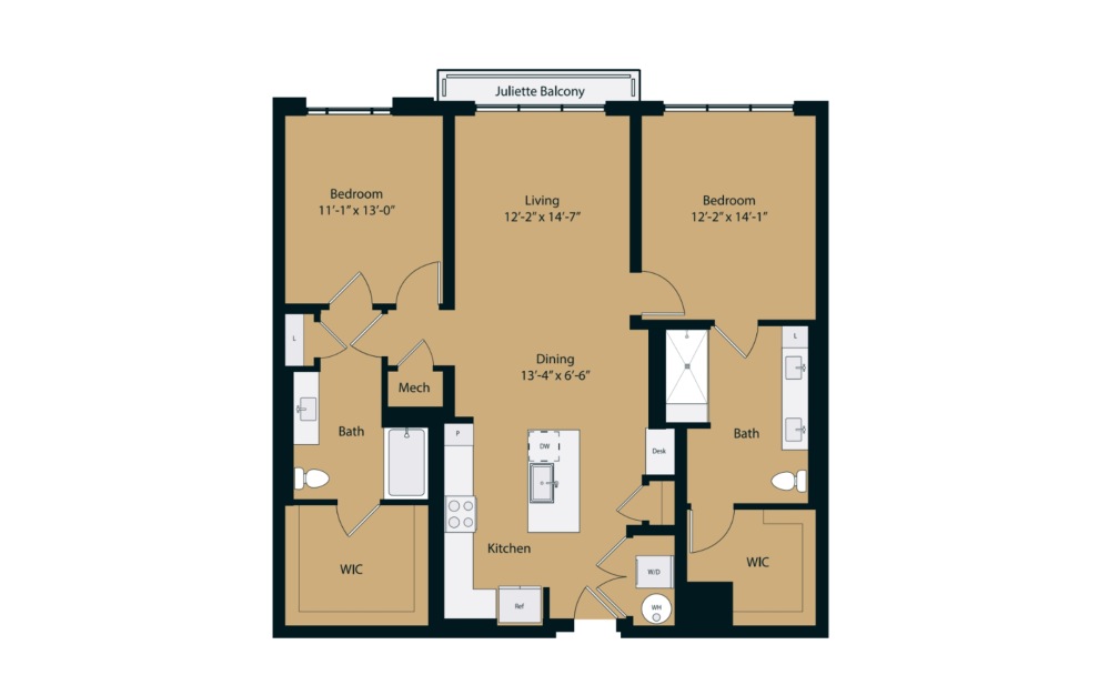 2B.1 - 2 bedroom floorplan layout with 2 bathrooms and 1313 square feet