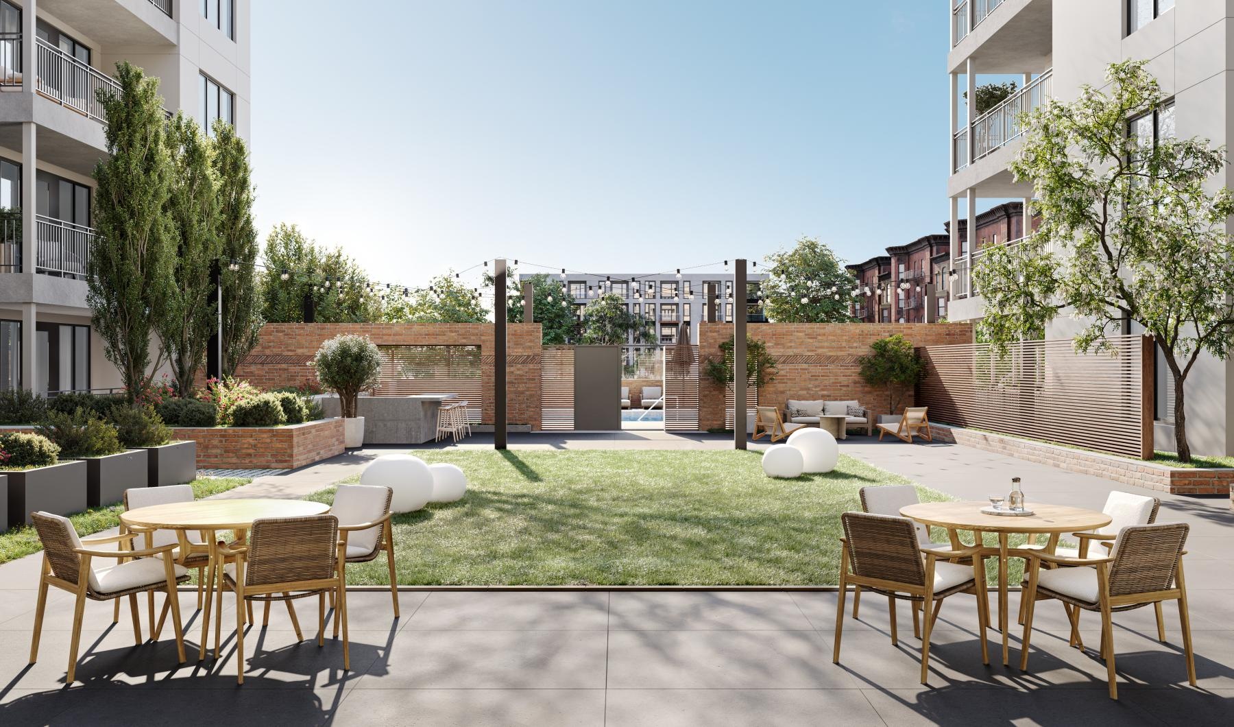 a patio with tables and chairs