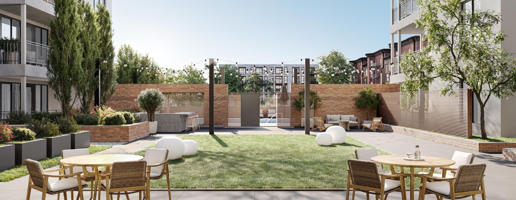 a patio with tables and chairs
