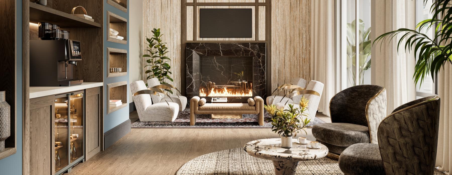 a large lounge with a fireplace and tv