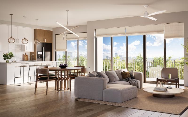 a living room with large windows